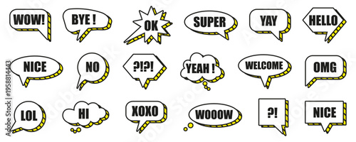 Speech bubbles collection. Comic style chat shapes with short expressions and words. Pop art elements for communication and messaging design