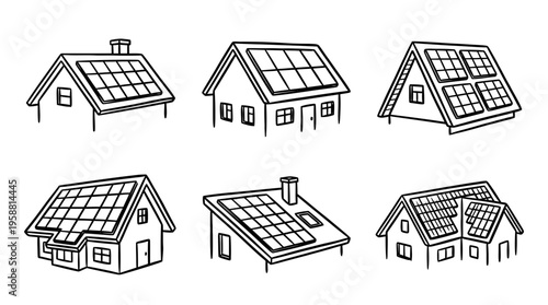 solar panel roof line vector set. black color sketches style on white background. Vector illustration.