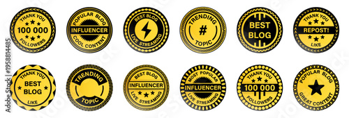 Influencer badges collection. Gold social labels with follower and blog themes. Modern elements for marketing, social media and content promotion