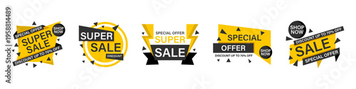 Sale labels collection. Black and yellow promotional shapes with special offer text. Modern elements for discount campaigns and advertising banners