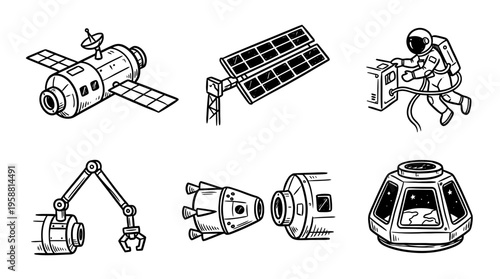 space station line vector set. black color sketches style on white background. Vector illustration.