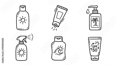 sunscreen bottle line vector set. black color sketches style on white background. Vector illustration.