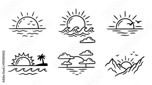 sunset view line vector set. black color sketches style on white background. Vector illustration.