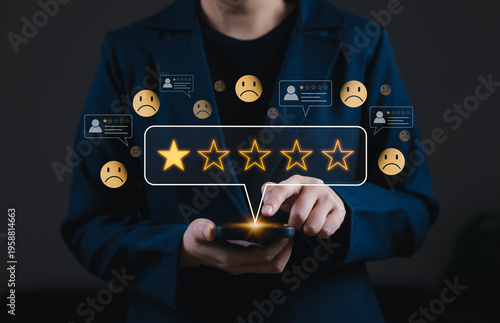 Fotografie Customer giving one star rating on smartphone with negative review icons, representing poor feedback, bad user experience, online reputation risk, service failure, and customer dissatisfaction