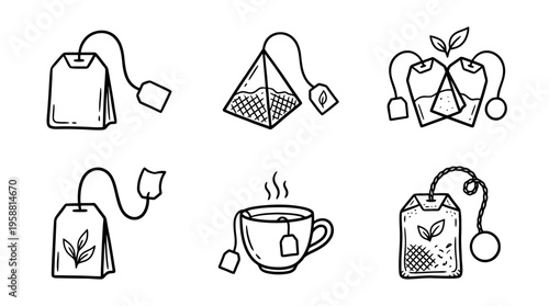 tea bag line vector set. black color sketches style on white background. Vector illustration.