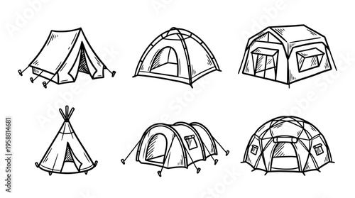 tent line vector set. black color sketches style on white background. Vector illustration.