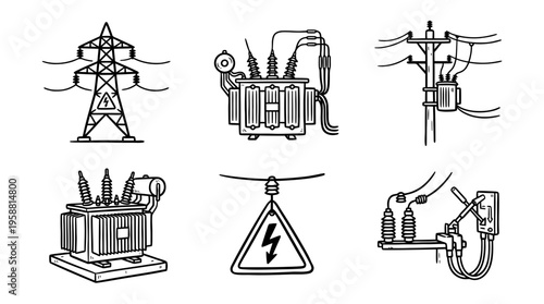 transformer high voltage line vector set. black color sketches style on white background. Vector illustration.