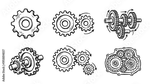 transmission gear line vector set. black color sketches style on white background. Vector illustration.