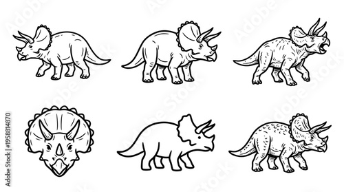 triceratops line vector set. black color sketches style on white background. Vector illustration.