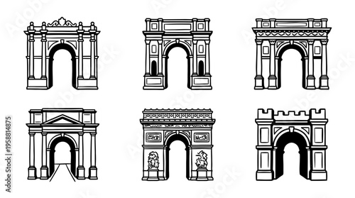 triumphal arch line vector set. black color sketches style on white background. Vector illustration.