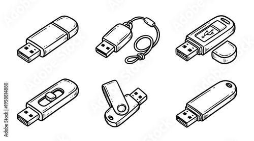 usb flash drive line vector set. black color sketches style on white background. Vector illustration.