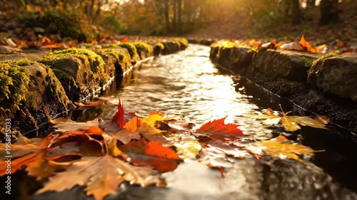 Autumnal Stream - A Serene Scene of Flowing Water and Fallen Leaves.