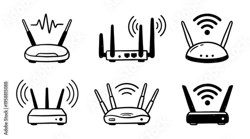 wifi router line vector set. black color sketches style on white background. Vector illustration.