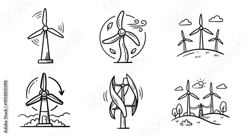 wind turbine line vector set. black color sketches style on white background. Vector illustration.