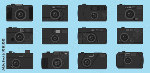 Camera icons collection. Flat black retro photo cameras with simple shapes. Photography symbols for media, vintage style and equipment design