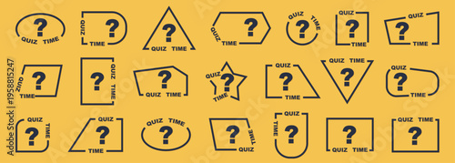 Quiz frames collection. Geometric shapes with question marks and quiz text. Interactive elements for games, education and knowledge testing design