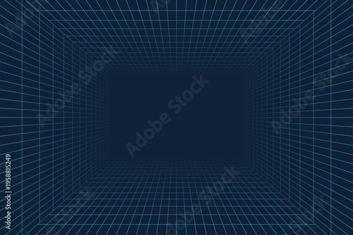Perspective grid background. Blue tunnel style lines forming depth illusion. Futuristic space backdrop for technology, virtual reality and digital environment design