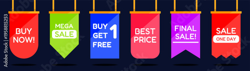 Sale banners collection. Hanging vertical labels with promotional text messages. Bright marketing elements for discounts, offers and retail advertising design