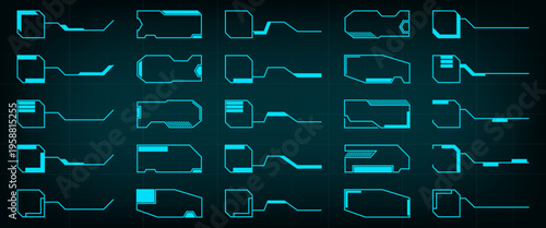 Futuristic frames collection. Neon blue tech shapes with circuit style outlines. Sci fi interface elements for digital panels, hud and technology design
