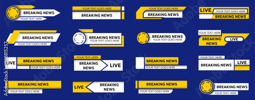Breaking news banners collection. Yellow and blue broadcast labels with live text. Tv graphics elements for media, headlines and news interface design