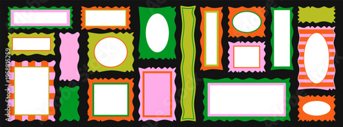 Abstract colorful frame collection with irregular shapes for creative layouts. Includes decorative borders for posters cards