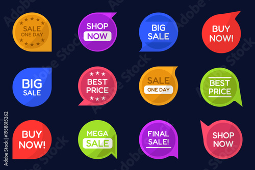 Sale badges collection. Colorful rounded labels with promo text messages. Modern discount elements for shopping, advertising and ecommerce design