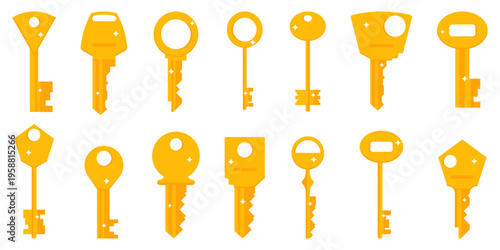 Golden keys collection. Various key shapes in flat minimal style. Security and access symbols for lock, property and digital protection themes