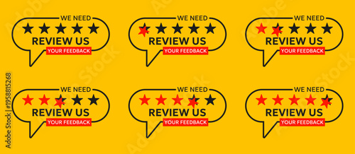 Review badges collection. Speech bubbles with star rating and feedback text. Customer evaluation elements for service quality and rating system design