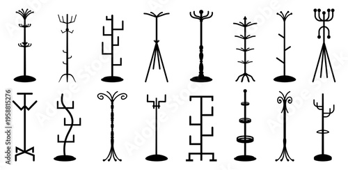 Coat rack silhouettes collection. Black standing hanger shapes with minimal design. Furniture elements for interior, wardrobe and storage