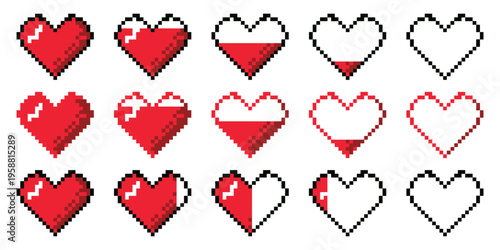 Pixel heart collection showing health or progress states in retro game style. Includes multiple heart fill levels and variations in pixel art
