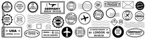 Travel stamp collection with passport visa marks and postal elements in vintage style. Includes city country labels airplane