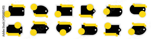 Price tags collection. Black and yellow labels with minimal shapes and circles. Modern tag elements for retail, product pricing and discount design