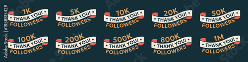 Followers milestones collection. Social media thank you banners with numeric counters. Celebration labels for audience growth, engagement and community achievements