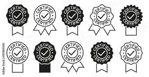 Certified badges collection. Black and white seals with check mark symbols. Approval emblems for quality assurance, guarantee and official certification design