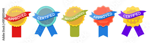 Award badges collection. Colorful seals with ribbons and approval text. Certification elements for quality, recommendation and product guarantee design