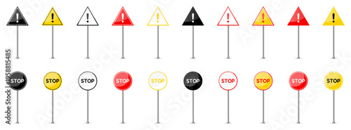 Warning sign collection with triangular hazard symbols and stop circles in different colors. Includes multiple variations of alert and prohibition road signs