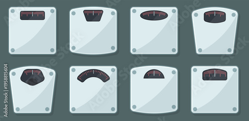 Bathroom scale collection with different weight measurement designs in flat style. Includes glass body scales