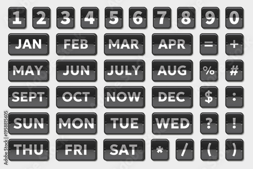 Button collection with numbers months days and symbols in dark interface style. Includes calendar labels and numeric keypad elements