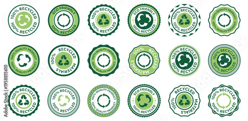Recycling badge collection with eco friendly symbols and green labels. Includes environmental seals with recycle arrows