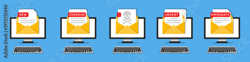 Email alerts collection. Computer screens with envelope icons and status labels. Notification symbols for messages, inbox and digital communication design