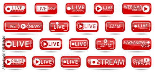 Live streaming labels collection. Red buttons with live webinar and online text. Broadcast elements for media, video platforms and streaming interface design
