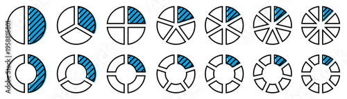 Pie chart icons collection. Circular segmented shapes with highlighted parts. Data visualization elements for analytics, statistics and business reports