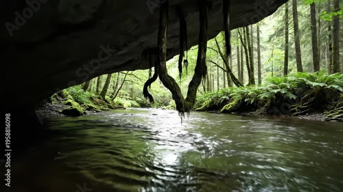 Scenic river flowing through lush forest under a rocky overhang.