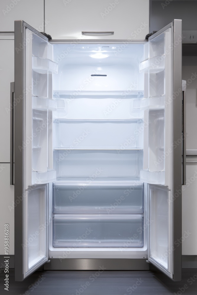 Fototapeta premium Modern refrigerator with open doors and clean interior. Bright lighting illuminates empty shelves and drawers. Stainless steel finish reflects surrounding kitchen space