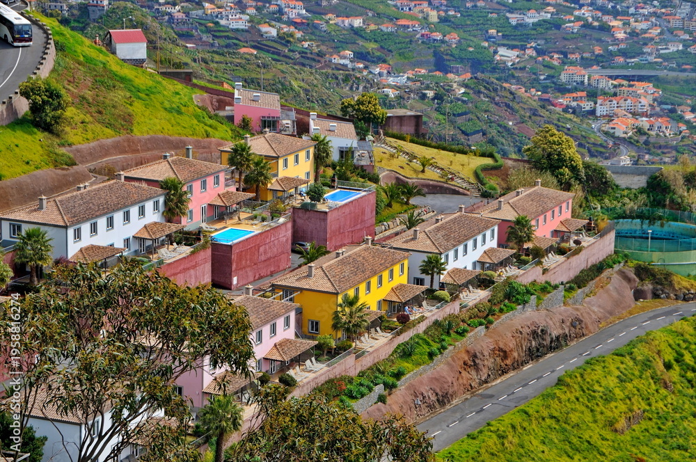 Fototapeta premium Mountain Village Overlooking the ocean in Madeira Portugal