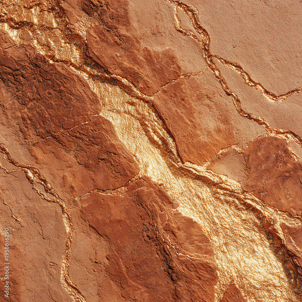 Obraz premium Pulverized terracotta desert plateau with sun-warped geometric veins, gold-ochre glint, overhead close-up
