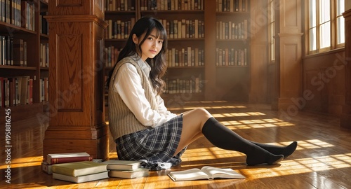 young woman sitting in library with books and sunlight streaming through windows, cozy atmosphere, studying, reading, education - AI Generated Digital Art