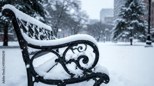 Snowy Park Bench in Winter Cityscape.