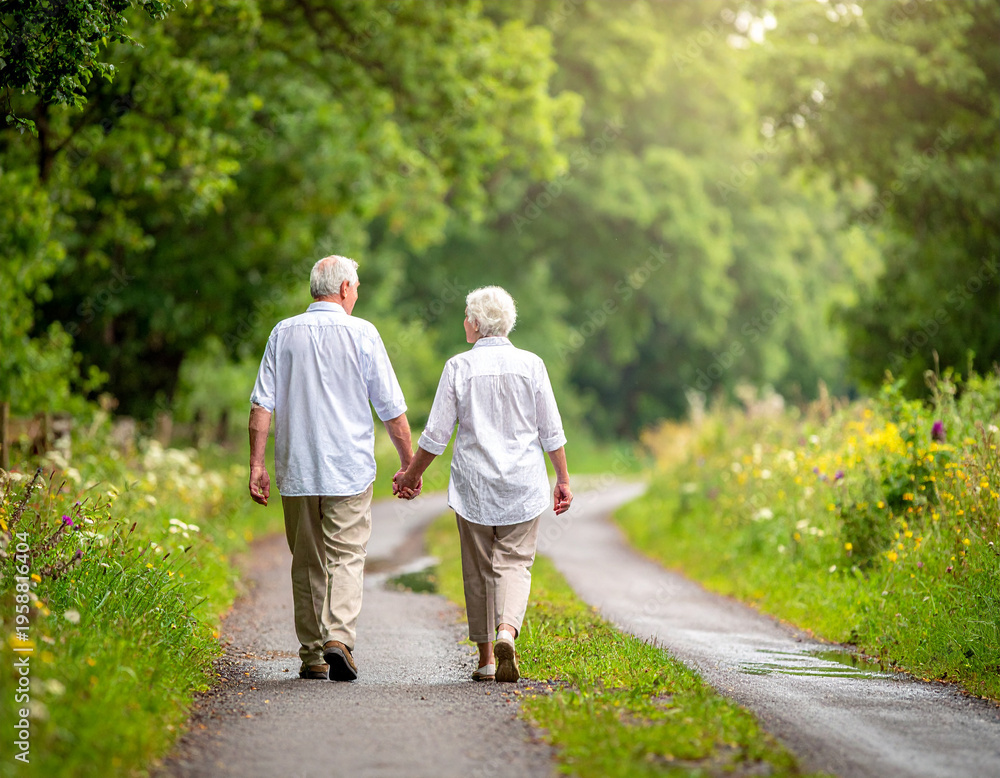 Obraz premium Enduring Love - Senior Couple Holding Hands on a Sunlit Country Path.
