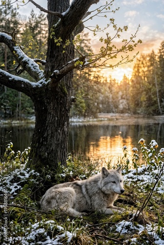 serene winter landscape with a wolf resting by a lake at sunset, showcasing nature's beauty and wildlife in a tranquil setting - AI Generated Digital Art